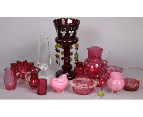 A ruby glass &amp; floral painted table lamp, 14¼” high; an Orrefors clear glass vase, 11” high; &amp; various other items of