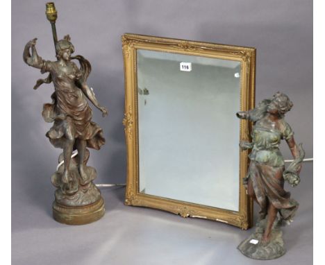 A gilt frame rectangular wall mirror inset with a bevelled plate, 21”x16”; &amp; a pair of spelter figures, one converted to 