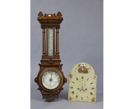 A vintage painted metal longcase clock dial, together with a pair of longcase clock weights, and a vintage aneroid barometer 