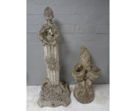 Two concrete garden ornaments : gnome planter and sprite on column 