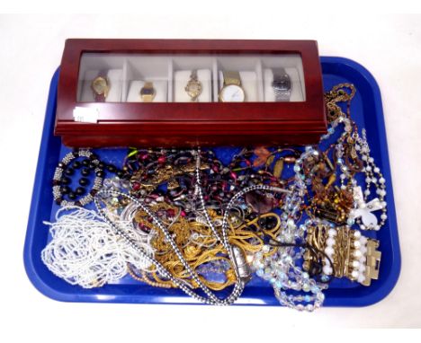 A tray of watch display box of five lady's watches including Timex, Pulsar etc and a quantity of costume jewellery 