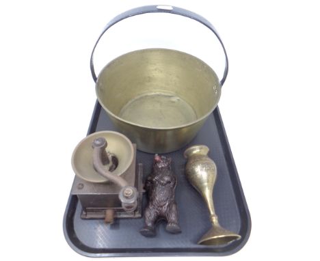 A tray of brass jam pan, coffee grinder, metal bear money box, Eastern brass vase 