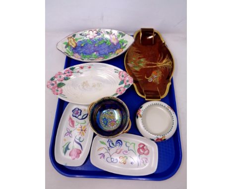 A tray of three pieces of Poole pottery, three Maling lustre bowls and a Carlton ware Rouge Royale dish 