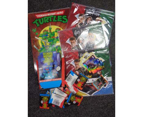 Teenage Mutant Ninja II 1991 vintage full box of Topps cards, Turtles 1991 calendar, Pokemon/Basketball cards, and Harry Pott