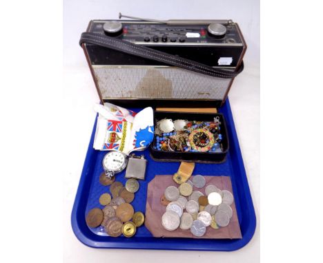 A tray of Roberts radio, Timex pocket watch, pre decimal coins, Polo lighter, costume jewellery etc 