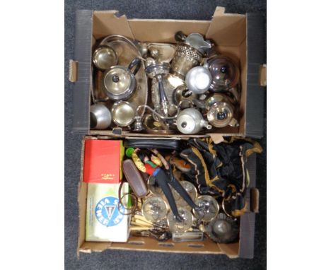 Two boxes of plated wares, tea sets, gallery trays, candelabrum, cutlery, glass, vintage Kodak camera 