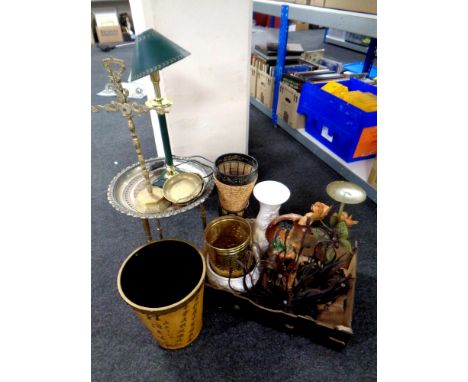 A box of vintage chalk figure, ceramic jardinière on stand, brass stick pot, balance scales, Egyptian style occasional table 