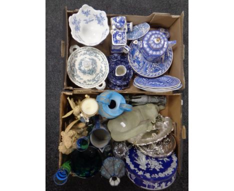 Two boxes of blue and white ceramics, contemporary ornaments, tea light holders etc   
