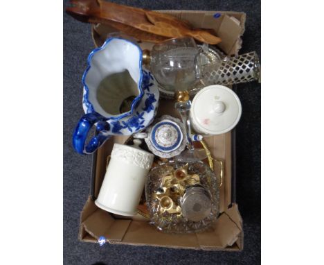 Box of ceramics and glass ware : Booths Real Old Willow teapot, kitchen storage jars, blue and white jug, over sized wine gob