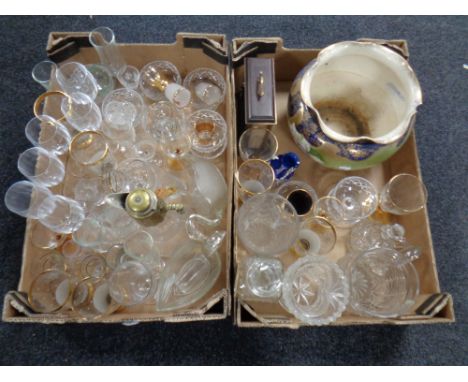 Two boxes of glass ware, mantel clock, 19th century pottery planter etc 