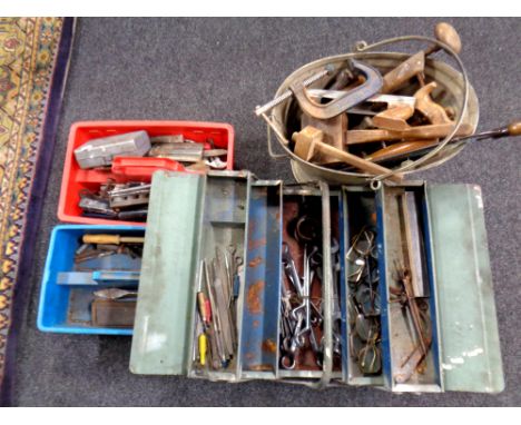 A galvanised bucket, concertina tool box and two caddies containing vintage hand tools 