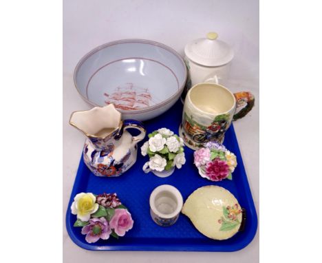 A tray of Masons Cathay jug, flower posies, Spode fruit bowl decorated with ships etc 