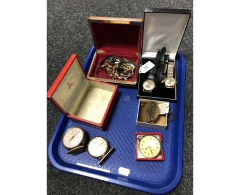 A tray of lady's and gent's wristwatches including Philip Mercier, travel clocks, Helvetia military pocket watch, a vintage T