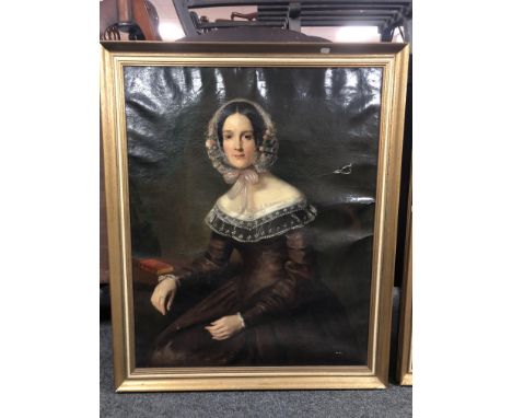 British School (19th century) Portrait of a lady wearing a bonnet, oil on canvas, 90cm by 71.5cm  CONDITION REPORT: Tear to c