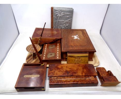 A tray of treen items : trinket boxes, desk stand, card box and holder etc 