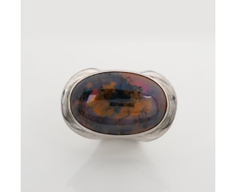 Bezel to the centre with a large oval cabochon gem, possibly moss agate, numbered 19, impressed BENT K, DENMARK, STERLING, ri