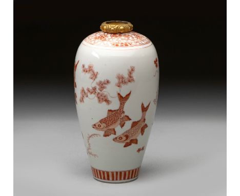 The ovoid body rising to a wide rounded shoulder, the body enamelled with iron-red carp swimming amongst wispy aquatic plants