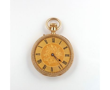 The circular gilt dial with black Roman numerals and engine-turned and chased decoration, the reverse centred with an open ca