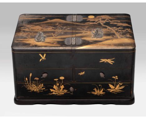 The rectangular box applied with two hinged lids each enclosing a compartment above three drawers, the black rō-iro ground de