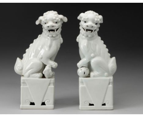 Each seated on a rectangular base, the eyes picked out in black beneath a heavy mane, the snarling mouth exposing the teeth, 