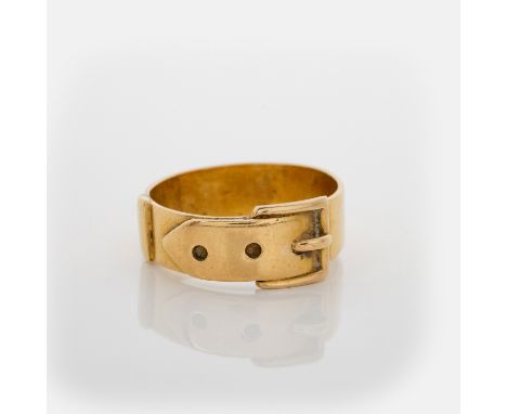 In the form of a buckled belt, distress, acid tested as 18ct gold, ring size K