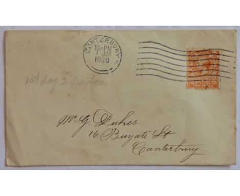 Great Britain 1920 (1 Jun) 2d Orange First Day of 2d Postage cover used Canterbury. Scarce