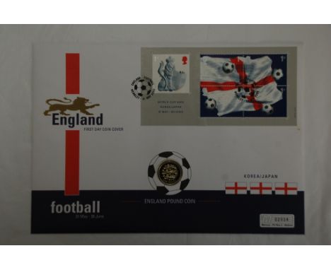 Great Britain 2002 World Cup Football, Japan and Korea, with miniature sheet and England £1 Coin First Day Cover. (SG £20) We