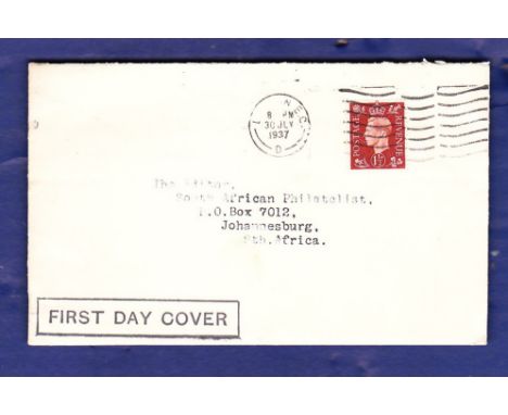 Great Britain-1937(7/30) 1.1/2d KGVI,FDC.London GDI, H/S Illustrative boxed 'First Day Cover, A/T, Stampmagazine insert