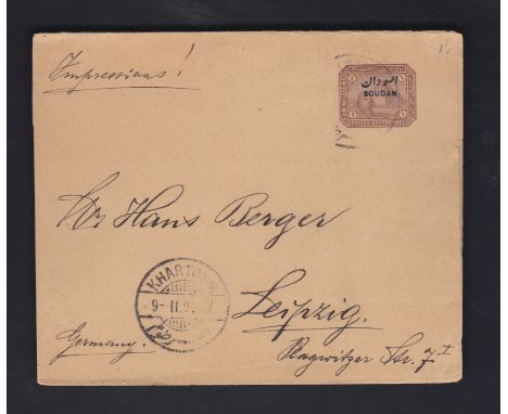Sudan1890 Wrapper with Stationary 'Soudan' on Egypt 1 millieme used Khartoum to Leipzig. Clean item