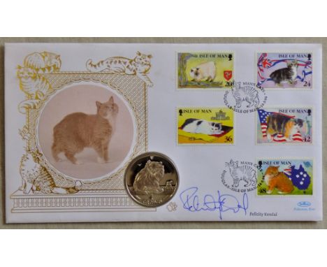 Great Britain (Isle of Man), P&N, (Autograph) 1996 Manx Cats set and 1 Crown coin, First Day Cover, Autographed Felicity Kend