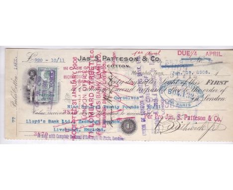 First Exchange 1906 James Patteson & Co printed, Memphis, £900 First exchange note, Bales Cotton, Vignette at left, 10/- King