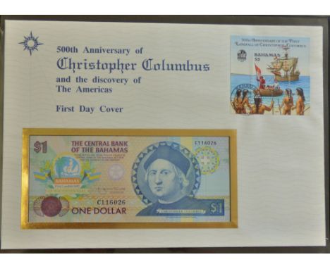 1992 500th Anniversary of Christopher Columbus discovery of America - Bahamas Dollar Banknote and Stamp First Day Cover. Spec