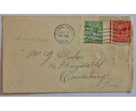 Great Britain 1918 (Jun 3) 1/2d & 1d 'First Day 1 1/2d Postage Cover  to Canterbury. Scarce
