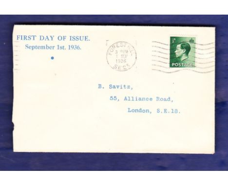 Great Britain-1936(1/9)1/2d Edward VIII.FDC,Forest Hill FDI,printed illustrative 'First Day of Issue/September 1st 1936, A/T