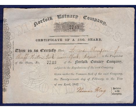 Banknotes/Shares = Norfolk Estuary Company -1847 £50  Share Certificate, Grade GVF.