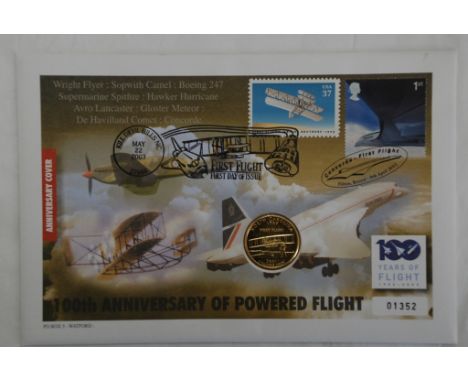 U.S.A. 2003 100th Anniversary of Powered Flight commemorative coin and stamp cover with North Carolina Quarter and First Flig