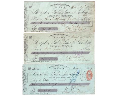 Cheque - 1876 Sharples, Juke, Lucas & Seebohm, Bankers Hitchin, black on pale green, used Hertfordshire Hitchin Bank