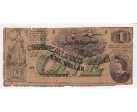 1862 One Dollar, Richmond, Lucy H Pickens (The first note to have a portrait of a woman), steamship at sea, unissued note, T4