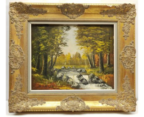 Continental School (20th century): River Flowing Through Forest , oil on canvas signed Serge 39cm x 49cm in heavy gilt frame;