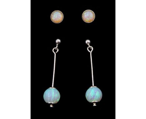 Two pairs of silver opal stud earrings