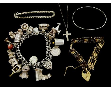 9ct gold four bar gate bracelet, hallmarked, silver charm bracelet including Champagne bottle and bucket, helmet, boot and ca