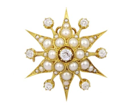 Victorian 18ct gold old cut diamond and spilt pearl star pendant/brooch, principle diamond approx 0.30 carat, total diamond w