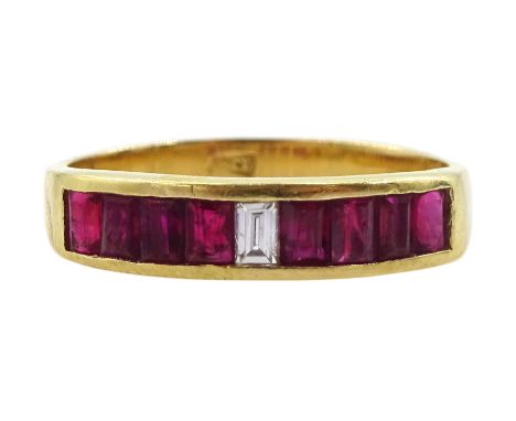18ct gold channel set rectangular cut ruby and baguette cut diamond half eternity ring, stampedCondition Report:Approx 3.15gm