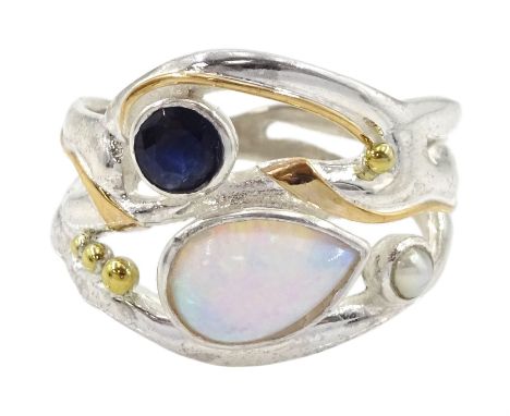 Silver and 14ct gold wire, opal, sapphire and pearl ring, stamped 925Condition Report:Size N, max depth = 55mm, good conditio