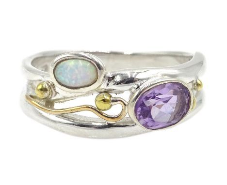 Silver and 14ct gold wire amethyst and opal ring, stamped 925Condition Report:Size S-T, good condition