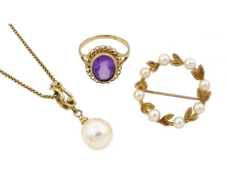 Gold amethyst ring, cultured pearl pendant necklace and a pearl brooch, all 9ctCondition Report:Non stone set approx 2.55gm, 