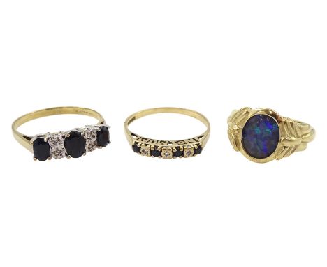 Gold single stone opal triplet ring, and two sapphire and diamond chip rings, all hallmarked 9ctCondition Report:Approx 6.95g