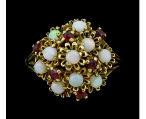 9ct gold opal and garnet cluster ring, London 1974Condition Report:Approx 4.65gm, size V, head diameter = 17mm