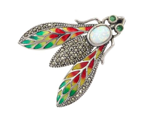 Silver plique-a-jour opal and marcasite moth pendant/brooch Condition Report:Length = 43m, good condition