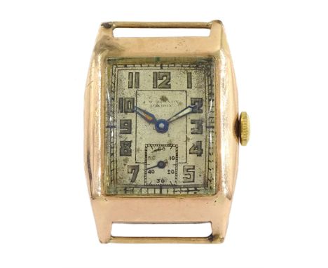 J.W. Benson gentleman's 9ct gold manual wind rectangular wristwatch, silvered dial with subsidiary seconds dial, Edinburgh 19